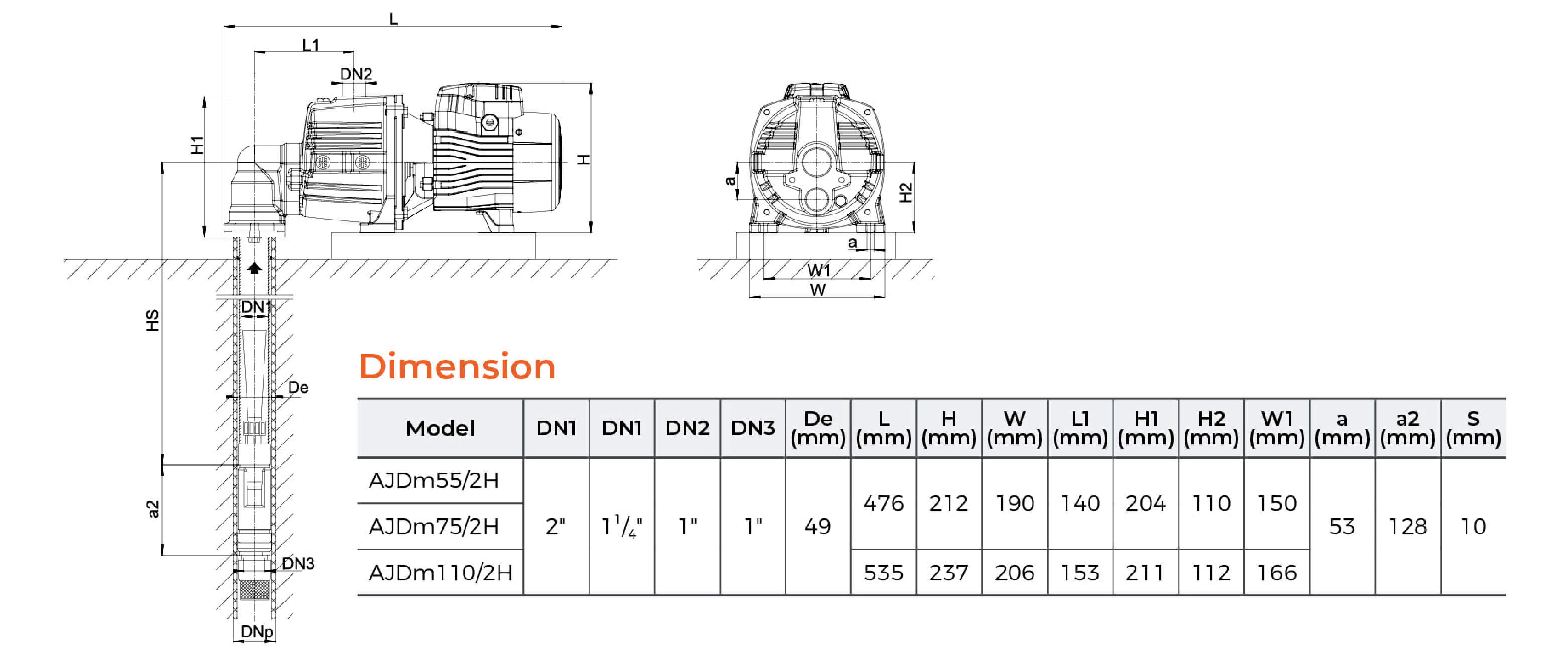 AJDm-2 Jet Pump for Deep Wells Dimension