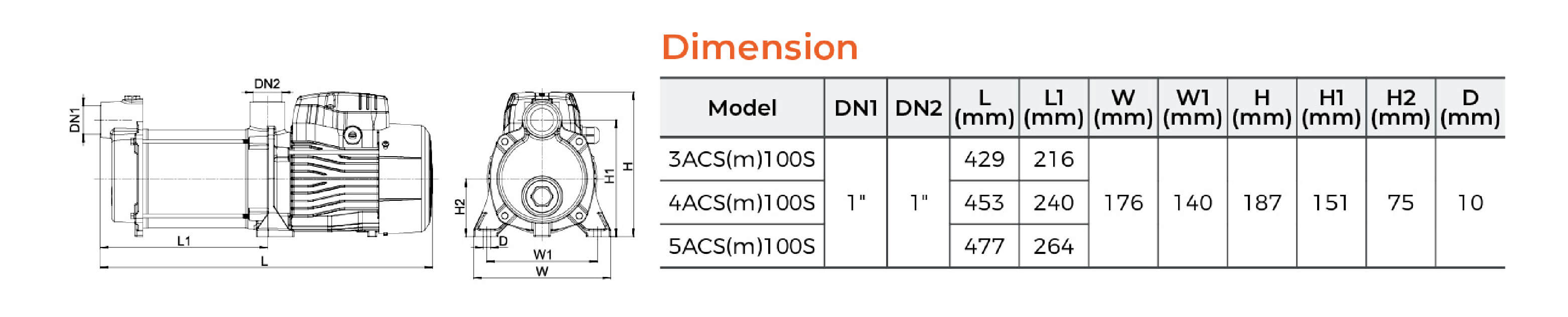 ACSm Self-priming Stainless Steel Multistage Centrifugal Pump Dimension