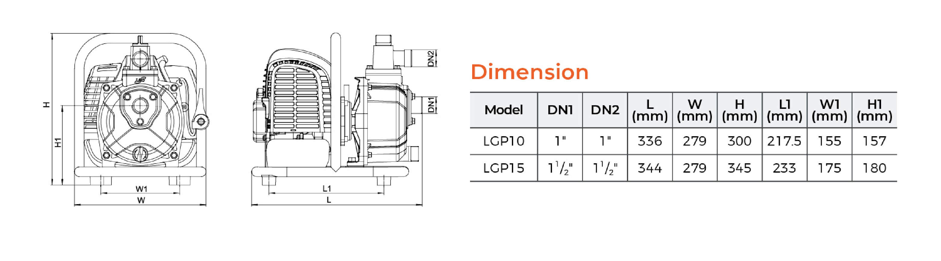 LGP Gasoline Water Pump Dimension