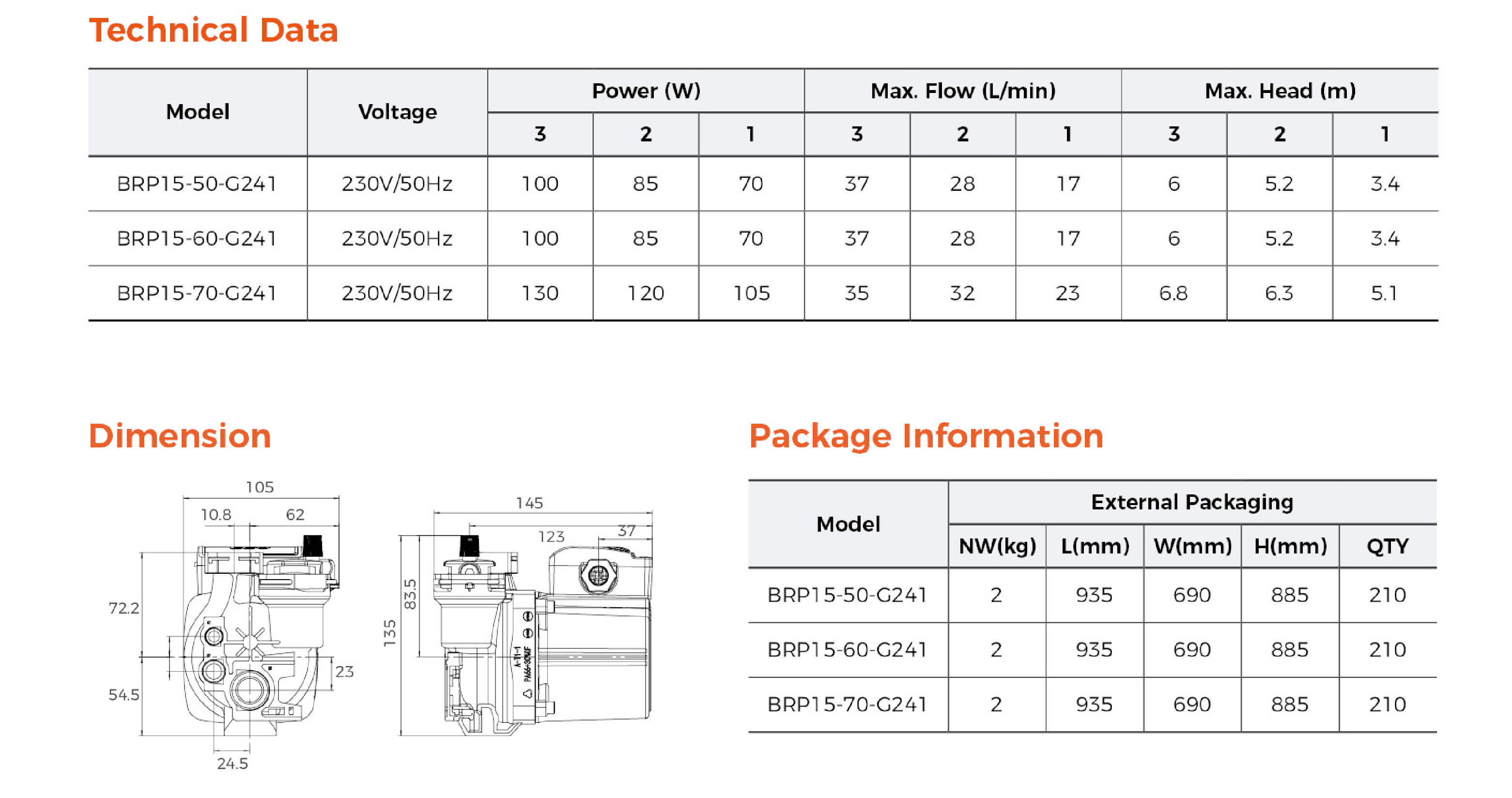 BRP Wall-Mounted Gas Boiler Pump G241 Specifications