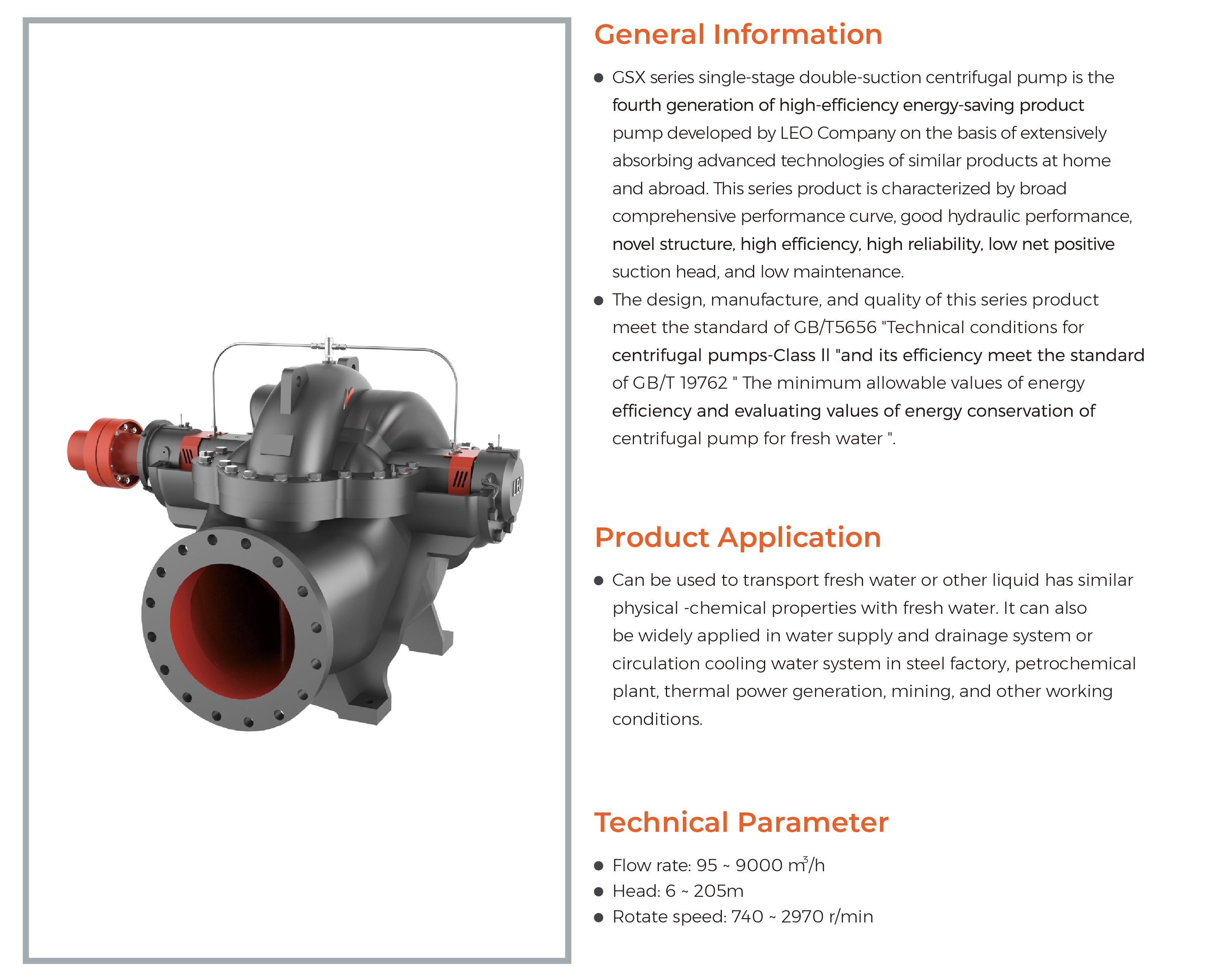 GSX High Efficiency Single-stage Double-suction Centrifugal Pump Features